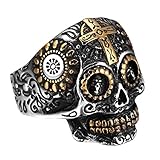 INRENG Men's Stainless Steel Silver Gold Gothic Cross Skull Ring Green Eye Vintage Flower Carved Halloween