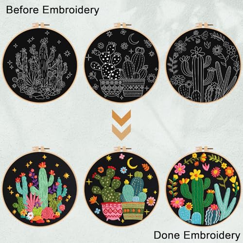 Image of Nuberlic 3 Pack Embroidery Kit for Beginner Adults, Stamped Cross Stitch with Cactus Patterns Include 3 Hoop, Cloth Thread Needles and Instructions