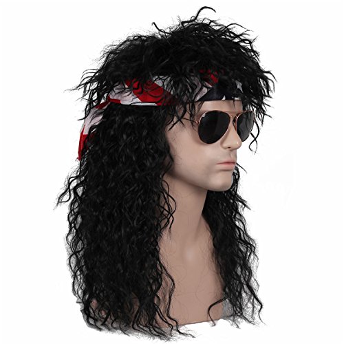 80S Wig With Bandana For Men Long Curly Black Rocker Cosplay Wig For Halloween #TOP7