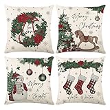 Meifannao Christmas Pillow Covers 18x18 Inch Set of 4, Christmas Wreath Christmas Horse Christmas Snowman Christmas Stocking Throw Pillow Covers, Winter Holiday Cushion Case Decoration for Sofa Couch