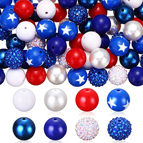 Sintuff 48 Pcs 4th of July Bubblegum Beads 20 mm Bulk Red White and Blue Patriotic Beads Mixed Chunky Spacer Gumball for Independence Day DIY Necklace Bracelet Jewelry Making