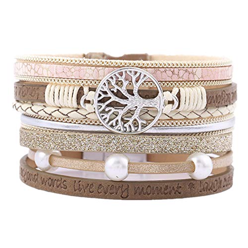 COOLLA Braided Wrap Bracelet Agate Stone Crystal Leather Cuff Bangle Women Bracelet (beads-Tree of Life bracelet Beige)