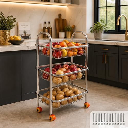 Image of MIKANIX Stainless Steel Vegetable & Fruit Storage Rack with Wheels, Kitchen Storage Basket Organizer, Rust Proof Stand for Onion, Potato, Fruits & Vegetables Trolley (3 Rack Trolley)
