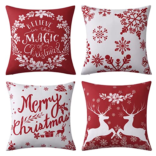 LuxFocus Lot de 4 housses de coussin de Noël 45 x 45 cm - En velours - Décoration de Noël - Avec fermeture éclair invisible - Rouge et blanc Cover