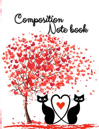 composition notebook The white notebook cover features a red heart tree and two black cats.: Valentine's Day gifts for girls Boy