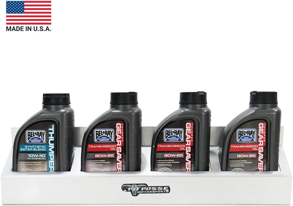 Pit Posse 305 Four Quart Oil Can Rack Holder 23" Caddy Wall Hanger Aluminum Shelf - Made in USA - Holds 4 Quarts of Motor Engine Oil - Enclosed Race Trailer Shop Garage Storage Organizer (Silver)