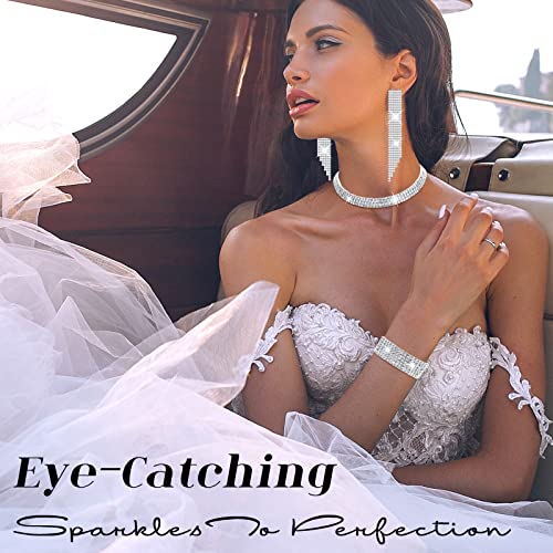 Image of Meanplan Silver Bling Clutch Purse Rhinestone Jewelry Set 4 Pieces Crystal Dangle Fringe Earrings Bridal Wedding Choker Necklace Bracelet and Evening Clutch Bag for Women Girls