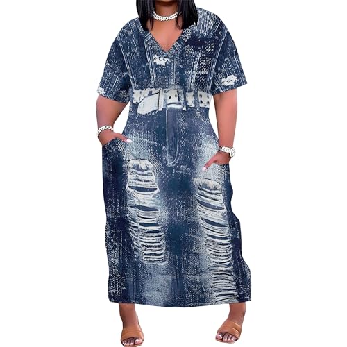 Image of SUZONANA Plus Size Denim Print Maxi Dresses for Women Casual V Neck Short Sleeve with Pockets Soft Jean Look Dress XL-6XL