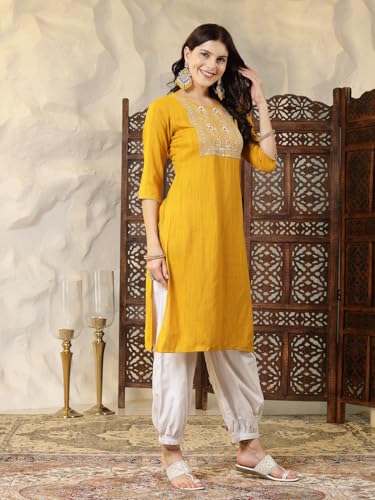 Stylum Women's Solid & Embroidered Cotton Blend Straight Kurta (Sandra44_Mustard, Xxl)