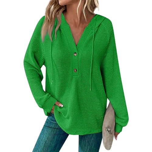 Hoodies for Women Oversized Waffle Knit Long Sleeve Button Down Shirt V Neck Crochet Tunic Pullover Sweaters Tops