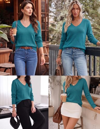 Image of Zeagoo Womens Sweaters Fall Trendy Casual Long Sleeve Shirt Lightweight V Neck Off Shoulder Crochet Pullover Top Outfit