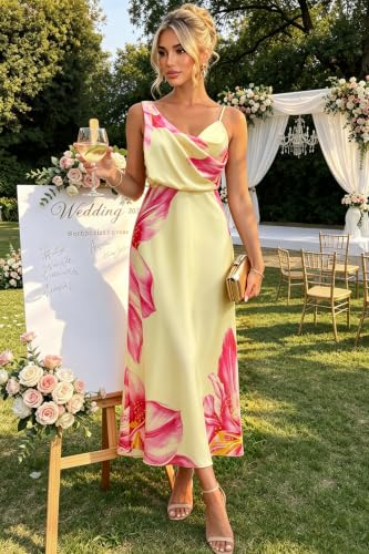 Image of Women's Summer Satin Dress Elegant Cowl Neck Adjustable Spaghetti Strap Wedding Guest Cocktail Party Maxi Dresses