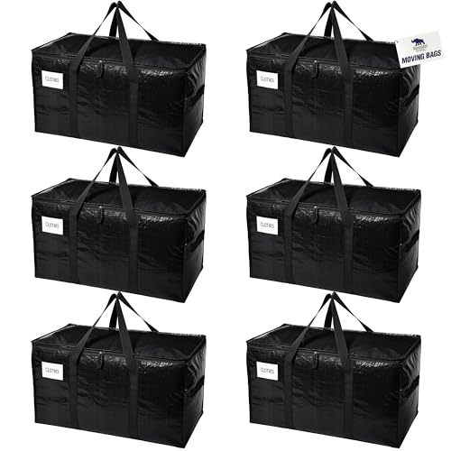 RUGGED RHINO 6 Pack Heavy Duty Extra Large Moving Bags, Durable Bag with Strong Handles and Zipper, Moving Boxes Alternative for College Packing, Holiday Décor, Space Saving Storage with Label, Black