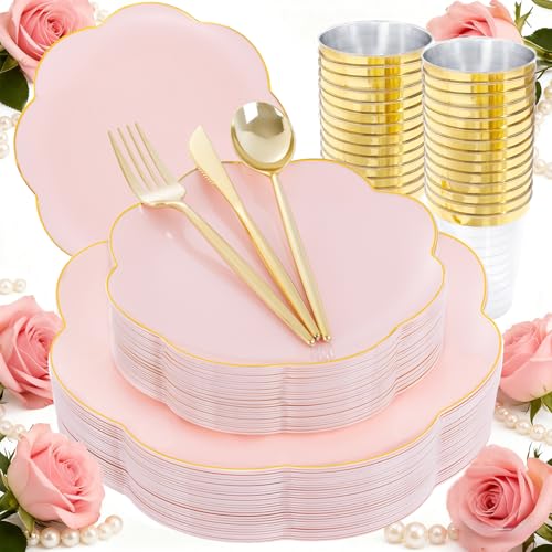 ejonirinjonir EI 180pcs Pink Plastic Plates with Gold Plastic Silverware,Party Plates...