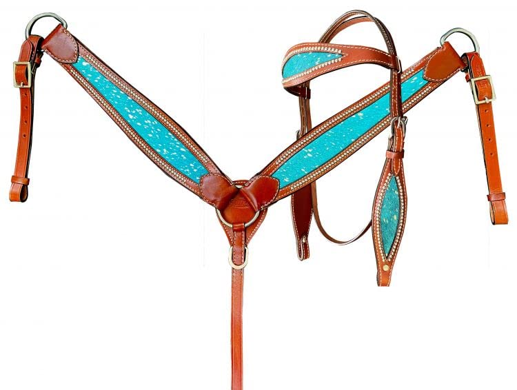 Showman Teal Acid Wash Cowhide Inlay One Ear Headstall and Breast Collar Set