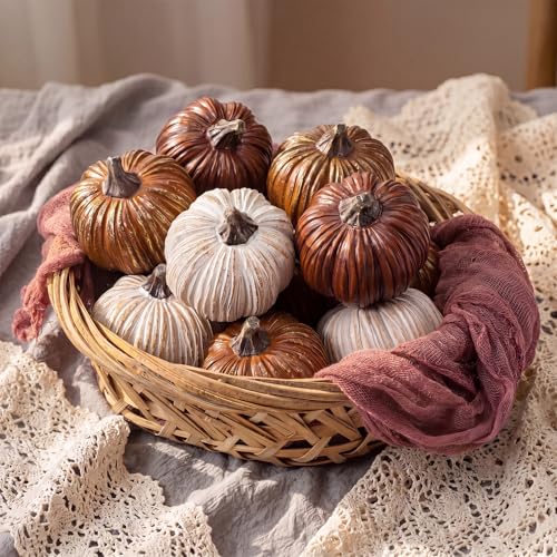 Geelin 12 Pcs Brown Rustic Fall Pumpkin Decor Resin Pumpkins for Thanksgiving Decorations Farmhouse Decorative Pumpkins 2.36" for Fall Home Decor Autumn Tabletop Centerpiece Harvest Wedding