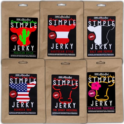 Beef Jerky Carne de vaca Caja de muestra de cecina, 12 x 50 g, carne de vacuno austriaca de primera calidad alimentada con pasto, sin aditivos ni conservantes (12 x 50g, 2 x Mixed Flavors)