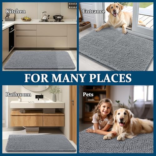 OLANLY Dog Door Mat for Muddy Paws 48x30, Absorbs Moisture and Dirt, Absorbent Non-Slip Washable Doormat, Quick Dry Chenille Mud Mat for Dogs, Entry Indoor Entryway Carpet for Inside Floor, Grey — view 7