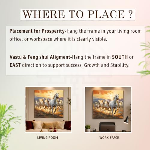 Image of PAINTINGMANTRA 7 White Running Horses Framed Wall Art Painting For Living Room, Vastu Abstract Poster with frame for Wall, Decoration item for bedroom, 13x17.5 Inch