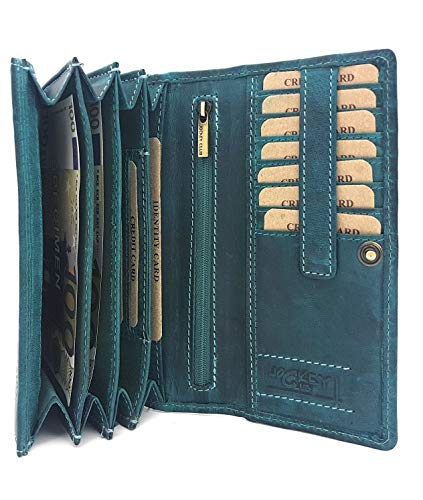 Cartera de piel auténtica para mujer con protección RFID, larga, piel natural, Jockey Club Toro Rustique Petrol Cover