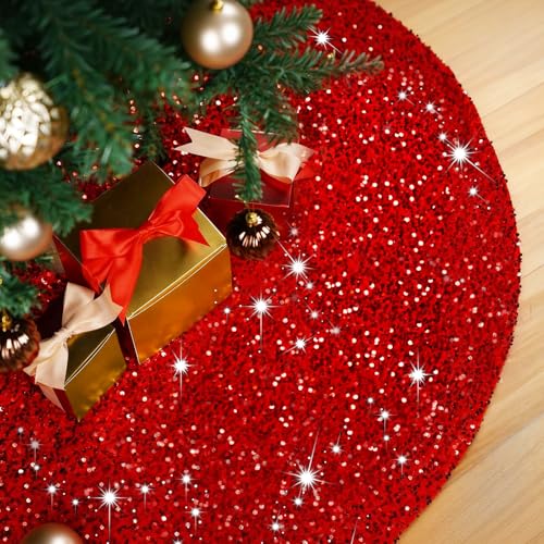 Christmas Tree Skirt 48 Inch, Red Sequin Christmas Trees Skirt, Large Sparkle Xmas Tree Stand Base Used for Christmas Holiday Indoor Home Decoration
