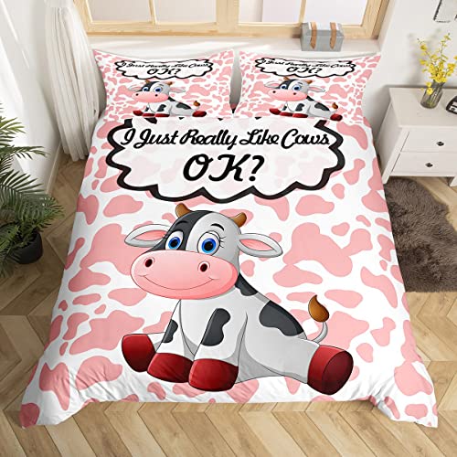 Loussiesd Kids Cute Cow Comforter Cover Milk Cow Bedding Set Girls Pink White Cow Fur Duvet Cover for Children Boys Toddler Cartoon Farmhouse Animal Bedspread Cover Single Size