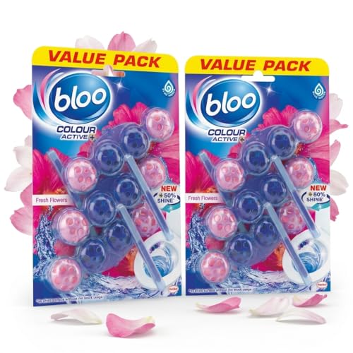 Bloo Power Active Toilet Rim Block Fresh Flowers - Limescale Remover & Toilet Cleaner - 2 Pack for Dirt Protection, Freshener & Long Lasting