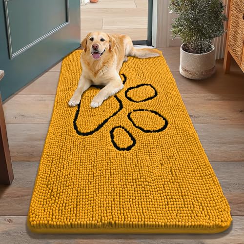 Image of Smiry Dog Door Mat for Muddy Paws, Absorbent Dirt Trapper Non Slip Quick Dry Washable Chenille Mat for Mud Dogs, Entry Rug for Indoor and Outdoor (48x30 Inches, Golden Yellow and Black)