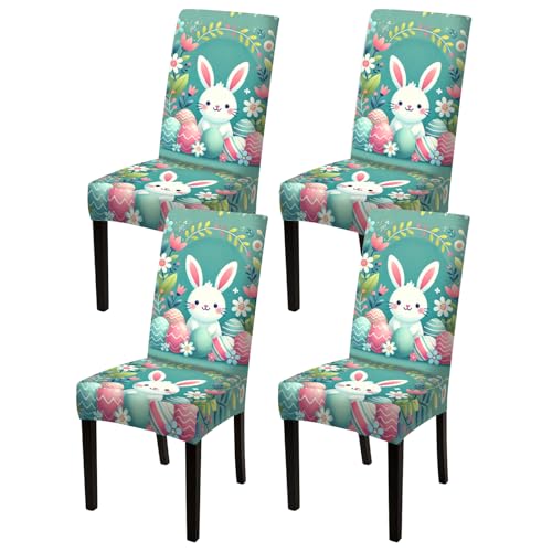 Image of Nuxovilar 4PCS Pastel Bunny Print Milk Silk Soft Chair Slipcovers | Stretch Slipcover Gentle Protector Bunny Wrap Seat Guard Dining Room Family Kitchen Kids Playroom (Pastel Bunny)