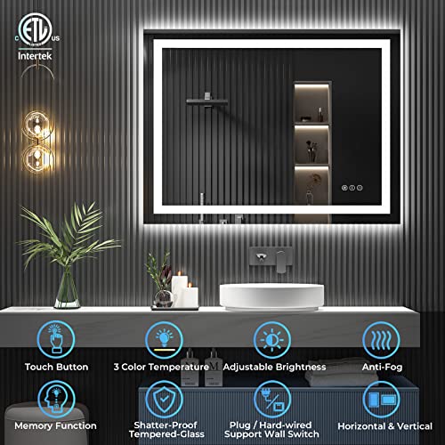 Image of 48x36 Inch LED Bathroom Mirror with Lights Front and Backlit Lighted Vanity Mirror for Bathroom Wall with 3 Colors Dimmable Anti-Fog Memory Shatter-Proof IP54 Waterproof Horizontal /Vertical