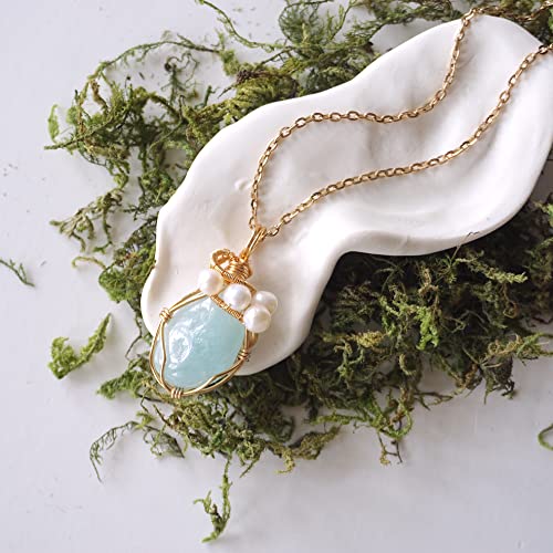 Raw Aquamarine And Pearl Necklace - Light Blue Aquamarine Pendant - March Birthstone Jewelry - June Birthstone - Gold Necklace - 24 Inch Gold Plated Chain - Raw Stone Jewelry #TOP6