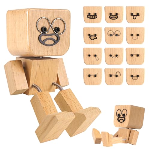 Nezylaf Shaking Feet Wooden Doll – 12 Magnetic Changeable Faces, Handmade Wobbly Wooden Man Figurine for Car Dashboard & Desk Decor, Kinetic Spring-Leg Toy, Fun Stress Relief Gift
