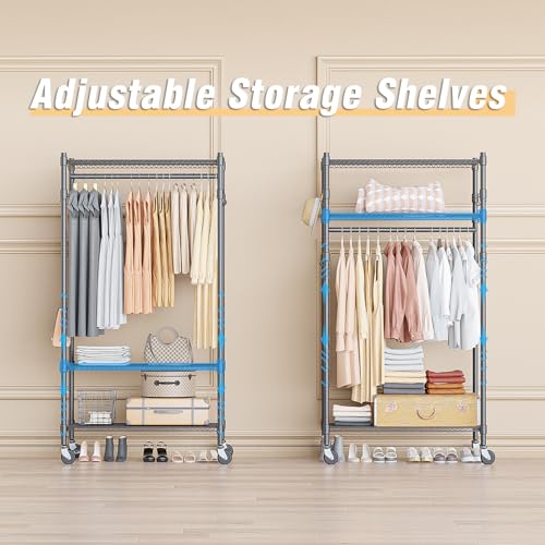 Image of Homdox Narrow Rolling Garment Rack with Double Rods and 3 Adjustable Shelves, Compact Portable Closet Organizer for Bedroom, Dorm, Laundry Room, 23.62 inch W x 16.54 inch D x 80.71 inch H, Gray