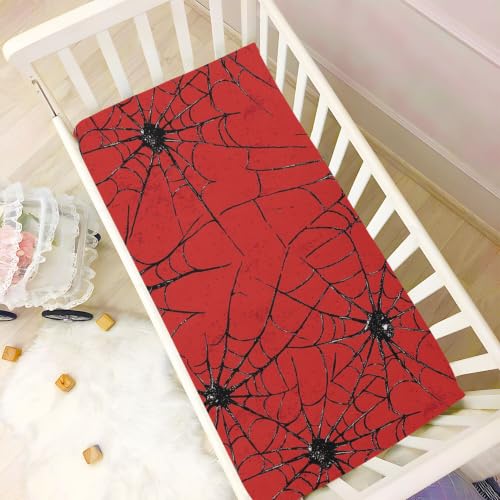 Image of Black Spider Webs Red Crib Sheets | Soft Breathable Fitted Baby Crib Sheets Mattress Cover for Girls Boys 52 inch x 28 inch x 9 inch