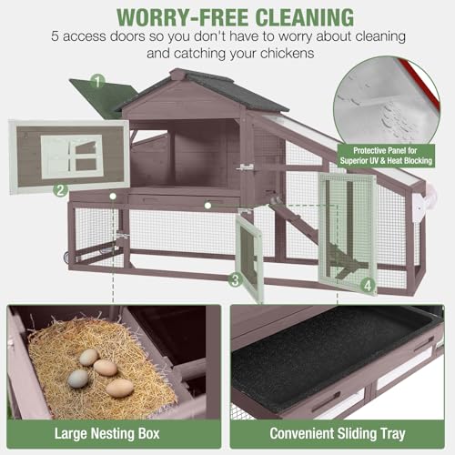 Image of Mobile Chicken Coop with Run Large Hen House with Wheels Chicken House Poultry Cage with Nesting Box, Pull-Out Tray, Waterproof Roof for 3-5 Chickens (Brown, 72.3 inch L x 26 inch W x 39.4 inch H)