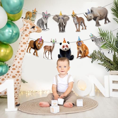 Image of Hooqict Safari Animals Happy Birthday Banner Animal Birthday Decorations Party Animal Banner Garland Sign for Jungle Theme Decorations Kids Wild Zoo Party Supplies