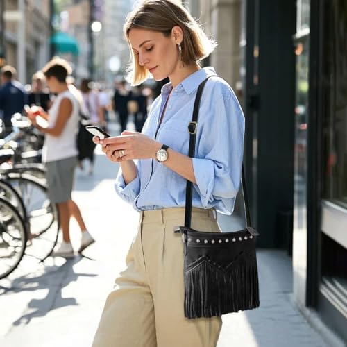 Sunwel Fashion Fringe Crossbody Bag with Rivets Western Purse Vegan Leather Tassel Shoulder Crossbody Bag for Women4