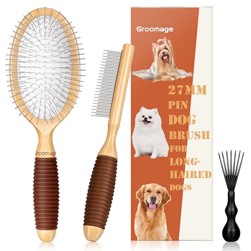 GROOMAGE Dog Brush for Long Haired Dogs 27mm Extra Long Metal Pin Dog Deshedding Brush and Comb Set Short Haired Shedding Grooming Detail Pets Brush Set with Rubber Handle