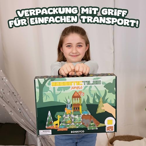 BONNYCO Magnetische Bausteine Kinder mit Tierfiguren 50 STK. Magnet Bausteine mit Illustrationen, Pädagogische Magnetic Tiles. Geschenke für Kinder, Magneten Spielzeug Jungen Mädchen, Weihnachten