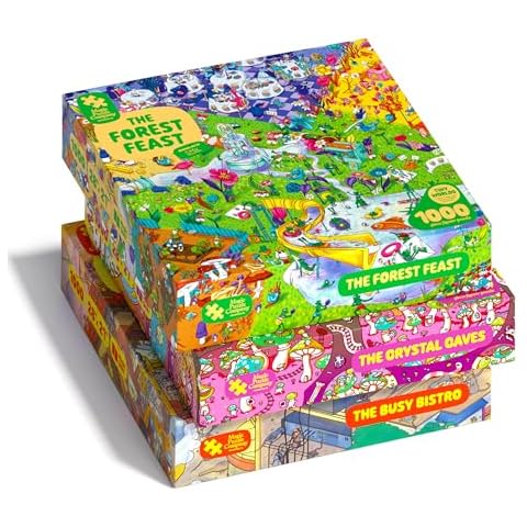 Magic Puzzles 3-Pack • Series Two • The Busy Bistro, The Crystal Caves, & The Forest Feast • 1000 Piece Jigsaw Puzzles from The Magic Puzzle Company Cover