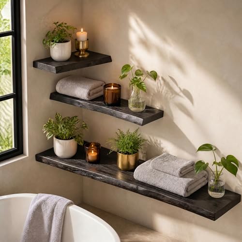 Image of Dreamland 72 Inch Floating Shelves for Wall, Solid Elm Wood Live Edge Wall Shelves for Living Room, Bedroom, Kitchen, Bathroom, Wall Mounted Long Floating Shelf Set of 1, Walnut