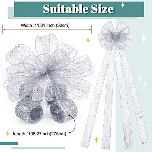 Christmas Tree Topper Bow, Bow: 11" Sq, Tails: 3 Yards Long Each, Xmas Bow And Ribbon Large Topper Xmas Ornament With Champagne Glitter Mesh For Xmas Tree Festival Holiday Party Home (Silver) #TOP2