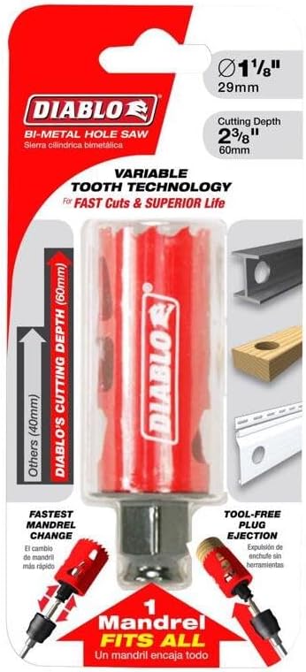 Diablo Bi-Metal Hole Saw with Variable Tooth Design for Faster Cuts - Fits with Snap-Lock Plus Mandrel System - 1-1/8" Diameter, 2-3/8" Length - DHS1125