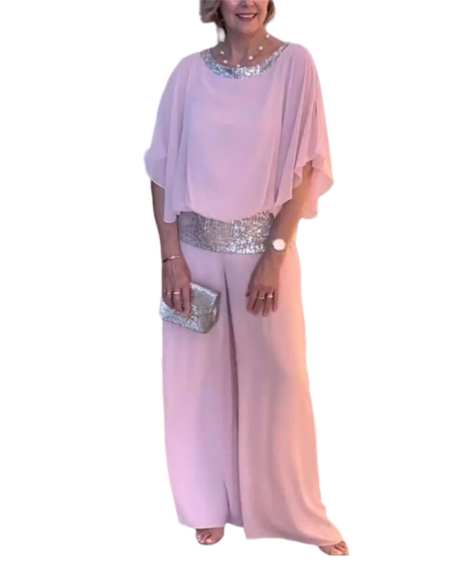 MAINPICK Elegante traje de dos piezas con lentejuelas y bloques de color, cuello redondo, gasa, pierna ancha, conjunto de pantalones para mujer, conjunto de 2 piezas casual