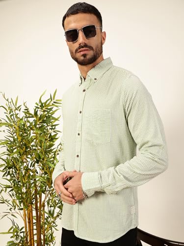 Image of Thomas Scott Men's | Slim Fit | Striped Design | Button-Down Collar | 100% Cotton Casual Shirt for Mens
