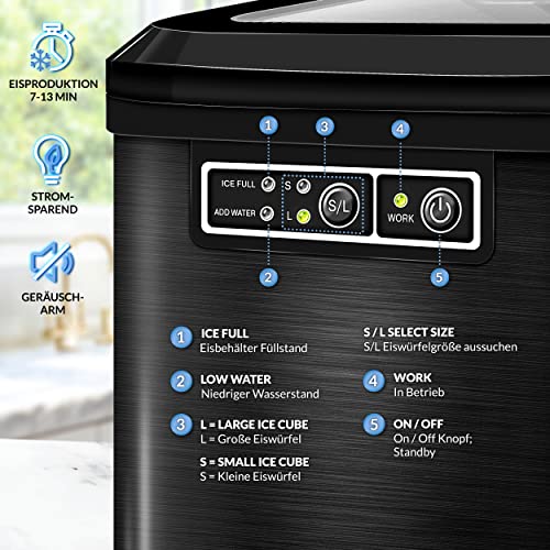 Foto von tillvex Eiswürfelmaschine Edelstahl 12 kg - 24 h | Eiswürfelbereiter 2,2 Liter Wassertank | Ice-Maker LED-Display & Selbstreinigungsfunktion | 2 Eiswürfel Größen (Schwarz)