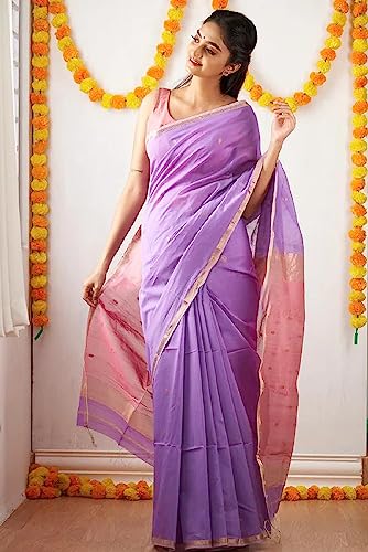 Image of SGF11 Women's Kanjivaram Soft Cotton Linen Silk Saree With Blouse Piece (Purple Peach)