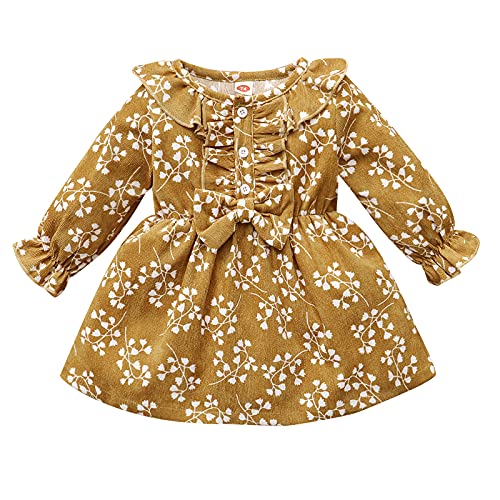 Image of Newborn Baby Girl Fall Winter Corduroy Dress Ruffle Long Sleeve Floral Dresses Infant Flower Clothes (Brown, 3-6 Months)