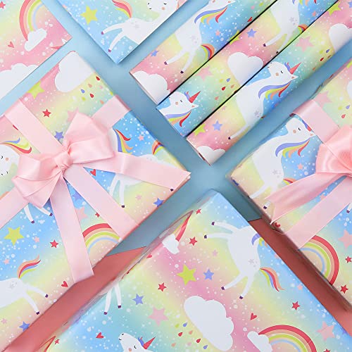 Birthday Wrapping Paper For Kids Girls Boys, Unicorn Design Gift Wrapping Paper For Birthday Baby Shower With 78.7 Inches Ribbon, 4 Sheets Folded Flat 20X28 Inches Per Sheet #TOP1