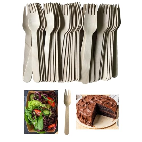 VEZODEK 50 Stück Holzgabeln 16cm Holz Gabeln | Braun Kuchengabeln Holzbesteck Mehrweg | Einweggabeln Holzgeschirr Dessertgabeln | Sausage Party Besteck Wooden Forks (50, 16cm)